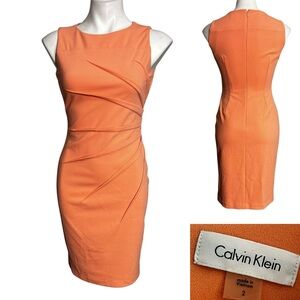 Calvin Klein dress sz 2 peach/orange sleeveless faux wrap stretch knee length